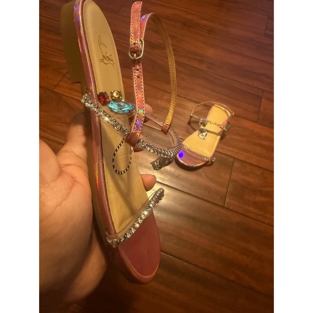 Christian Louboutin Kids Miniqueenie Pink Holographic Crystal Sandals Red Bottom